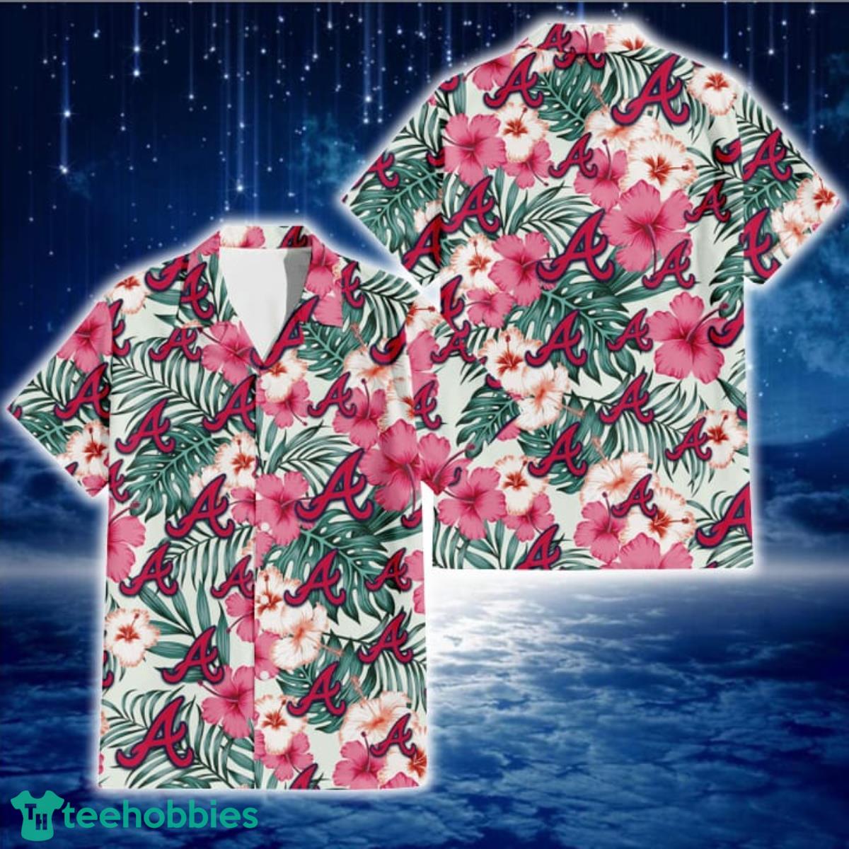 Atlanta Braves Coral Pink Hibiscus Green Leaf Beige Background 3D Hawaiian Shirt Gift For Fans Product Photo 1