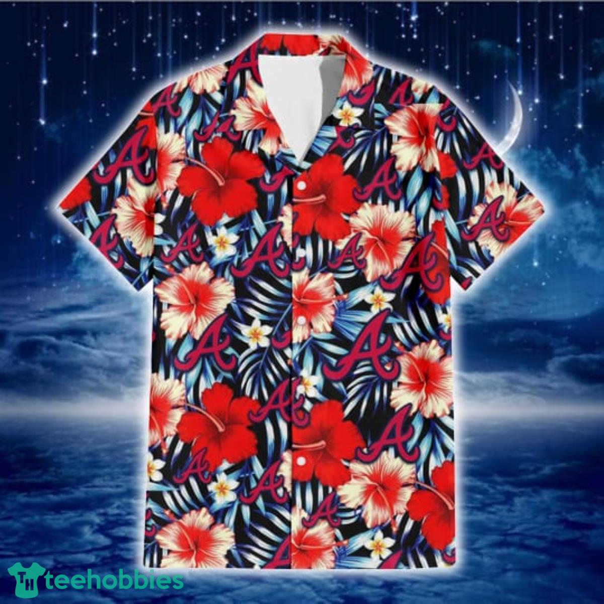 Atlanta Braves Coral Red Hibiscus Blue Palm Leaf Black Background 3D Hawaiian Shirt Gift For Fans Product Photo 2