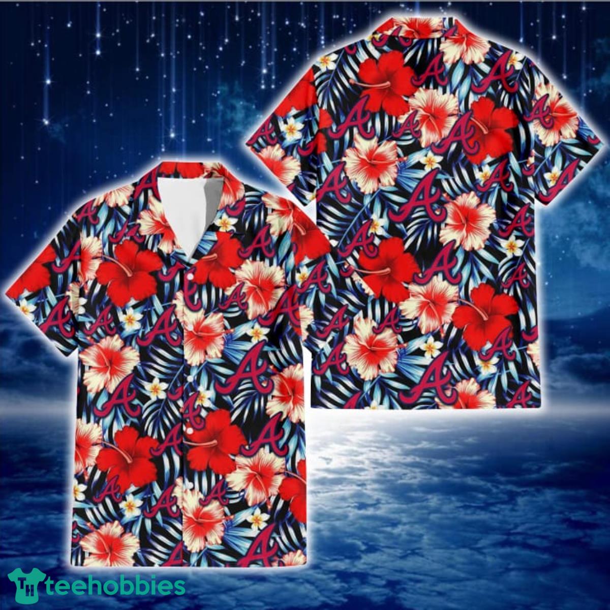 Atlanta Braves Coral Red Hibiscus Blue Palm Leaf Black Background 3D Hawaiian Shirt Gift For Fans Product Photo 1