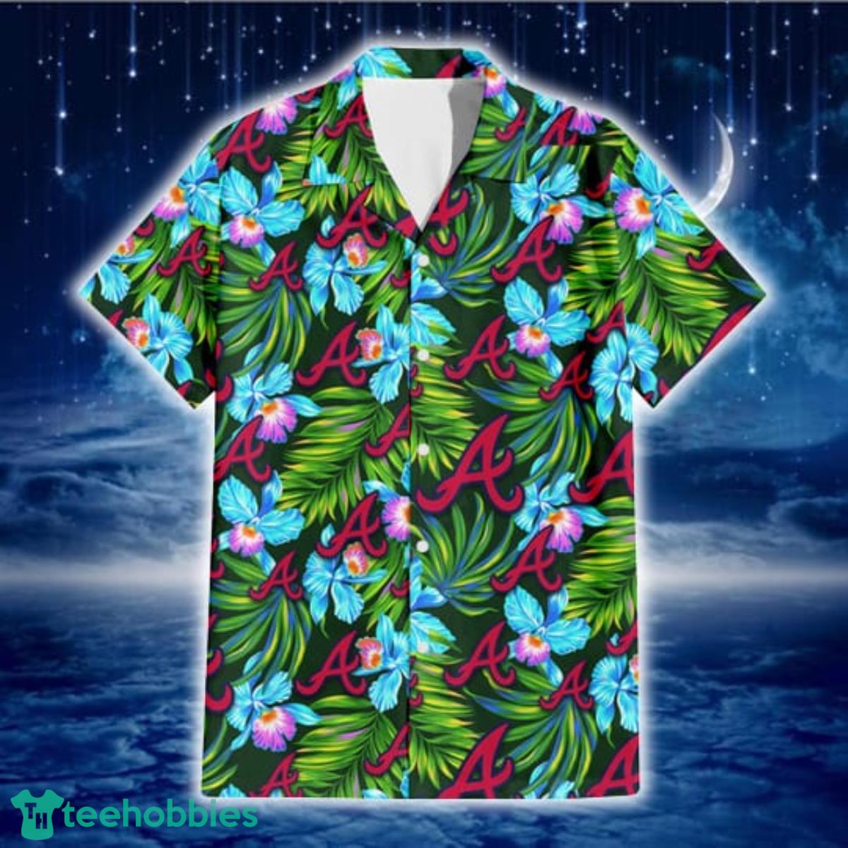 Atlanta Braves Yellow Hibiscus Tropical Green Leaf Black Background 3D  Hawaiian Shirt Gift For Fans - Freedomdesign