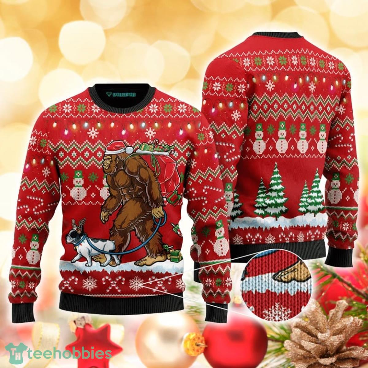 Bigfoot French Bulldog In Red Pattern 3D Sweater Ugly Christmas Sweater For Men Women Product Photo 1