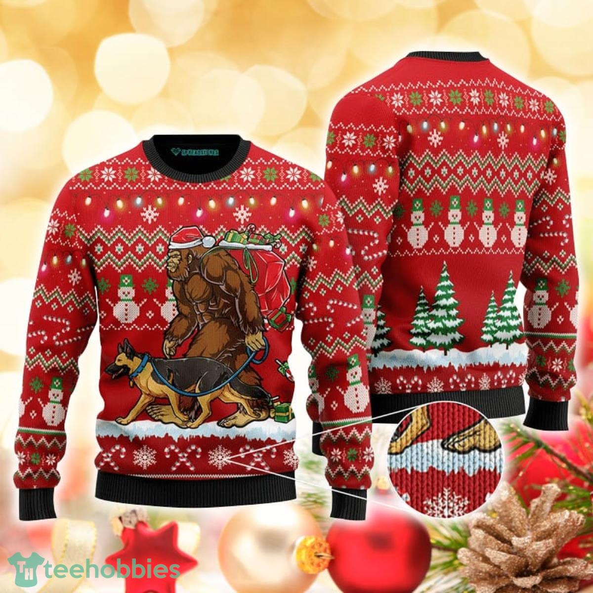Bigfoot German Shepherd In Red Pattern 3D Sweater Ugly Christmas Sweater For Men Women Product Photo 1