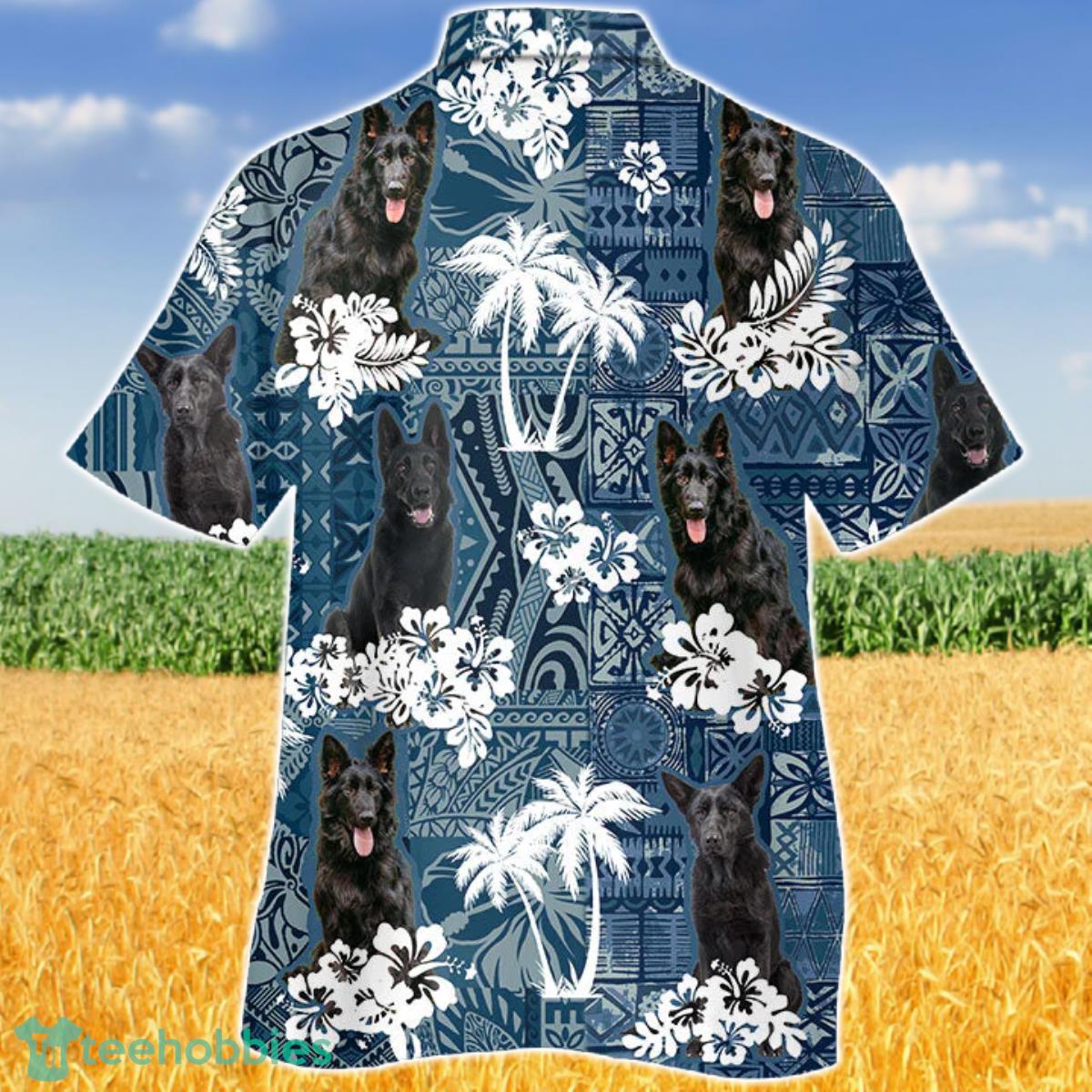 Black German Shepherd In Tropical Plants Pattern Blue And White Hawaiian Shirt Aloha Shirt For Men Women Product Photo 2
