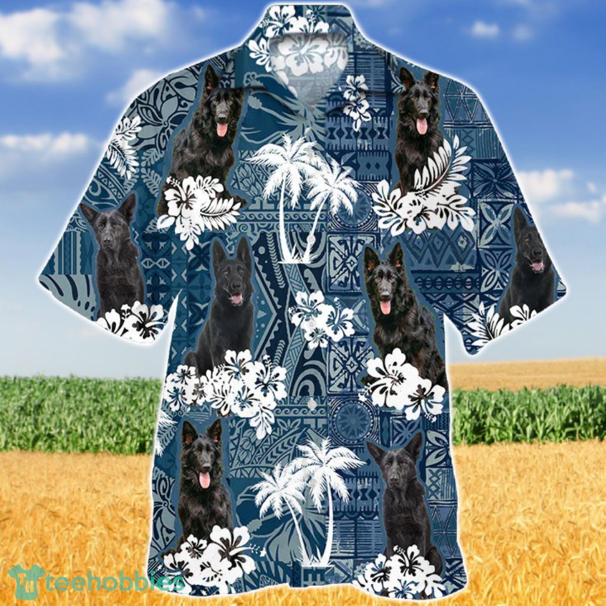 Black German Shepherd In Tropical Plants Pattern Blue And White Hawaiian Shirt Aloha Shirt For Men Women Product Photo 1