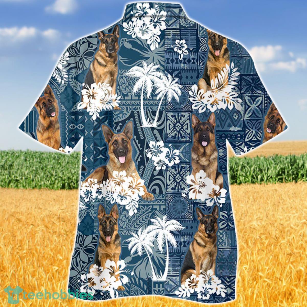 Brown German Shepherd In Tropical Plants Pattern Blue And White Hawaiian Shirt For Men Women Product Photo 2