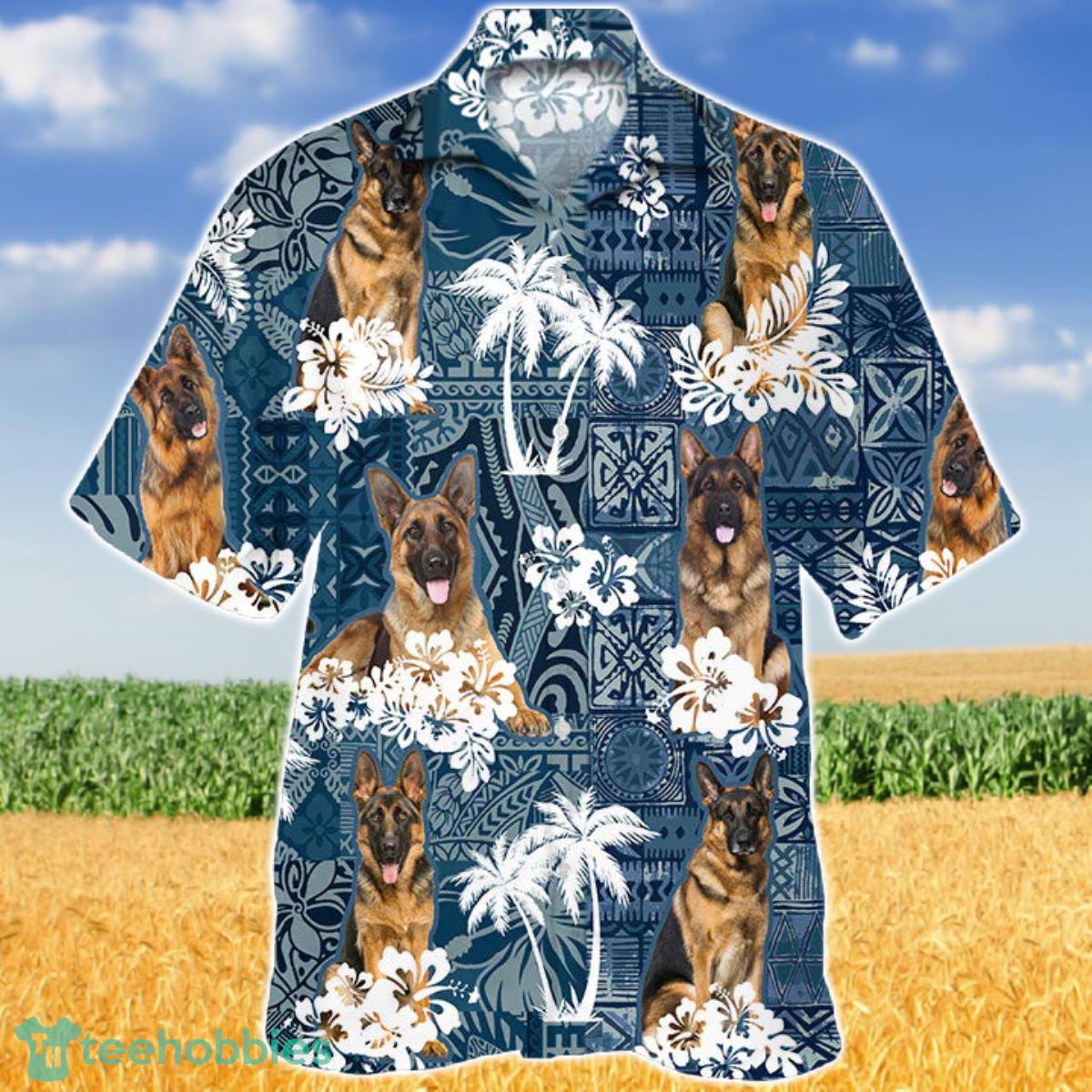 Brown German Shepherd In Tropical Plants Pattern Blue And White Hawaiian Shirt For Men Women Product Photo 1