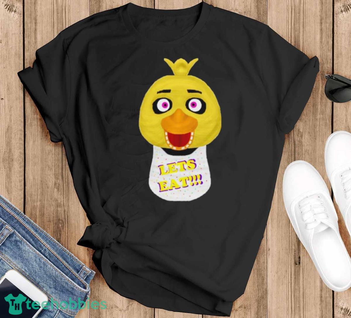 Cartoons Chica Head Fnaf Lets Eat Shirt - Black T-Shirt