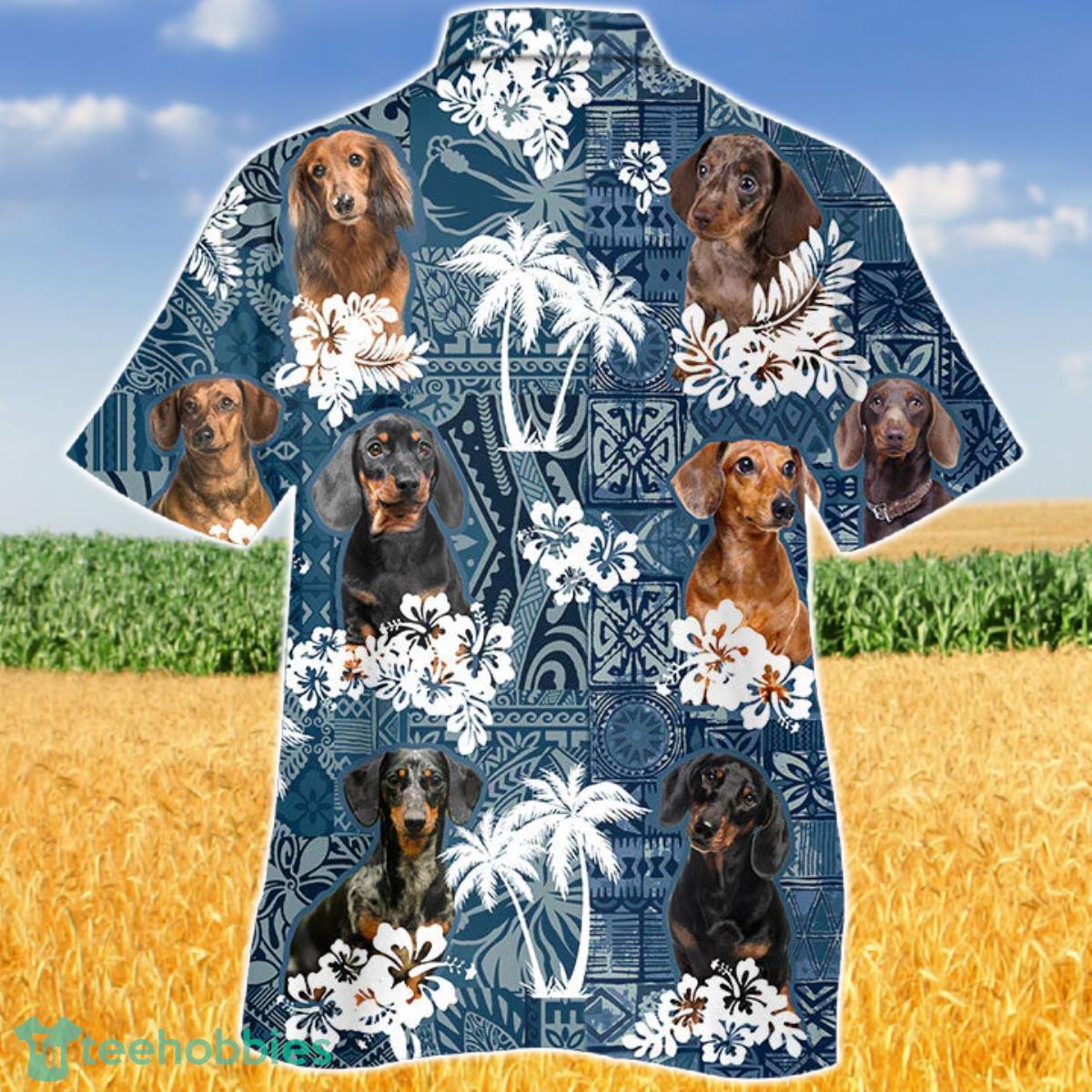 Dachshund In Tropical Plants Pattern Blue And White Hawaiian Shirt Aloha Shirt For Men Women Product Photo 2