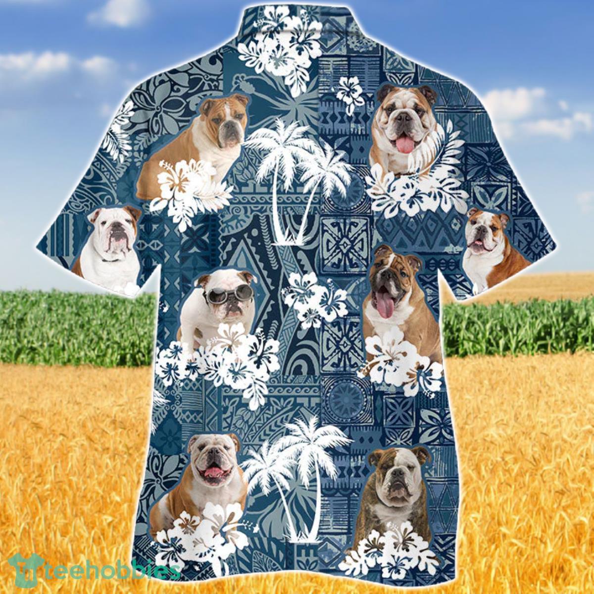English Bulldo In Tropical Plants Pattern Blue And White Hawaiian Shirt Aloha Shirt For Men Women Product Photo 2