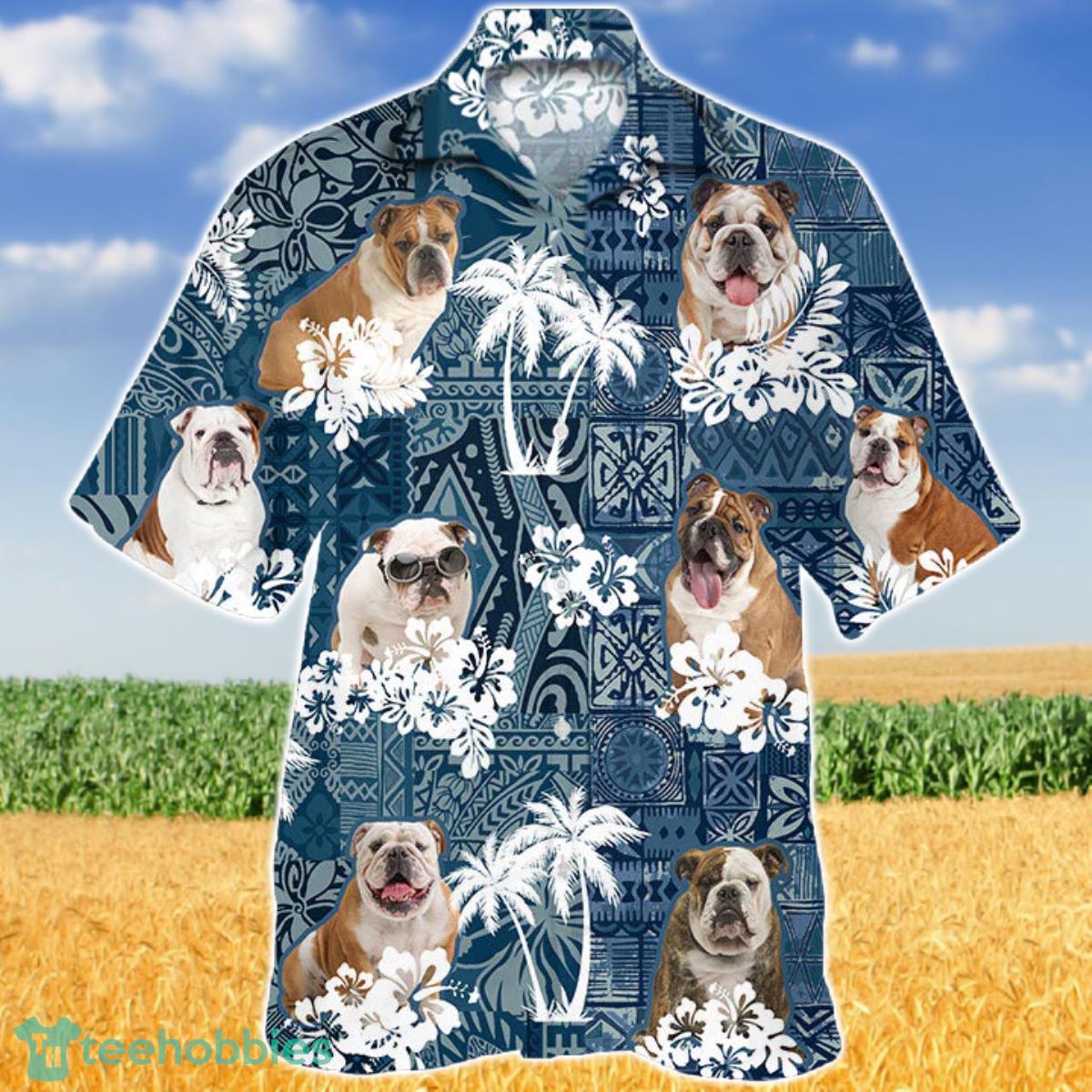English Bulldo In Tropical Plants Pattern Blue And White Hawaiian Shirt Aloha Shirt For Men Women Product Photo 1