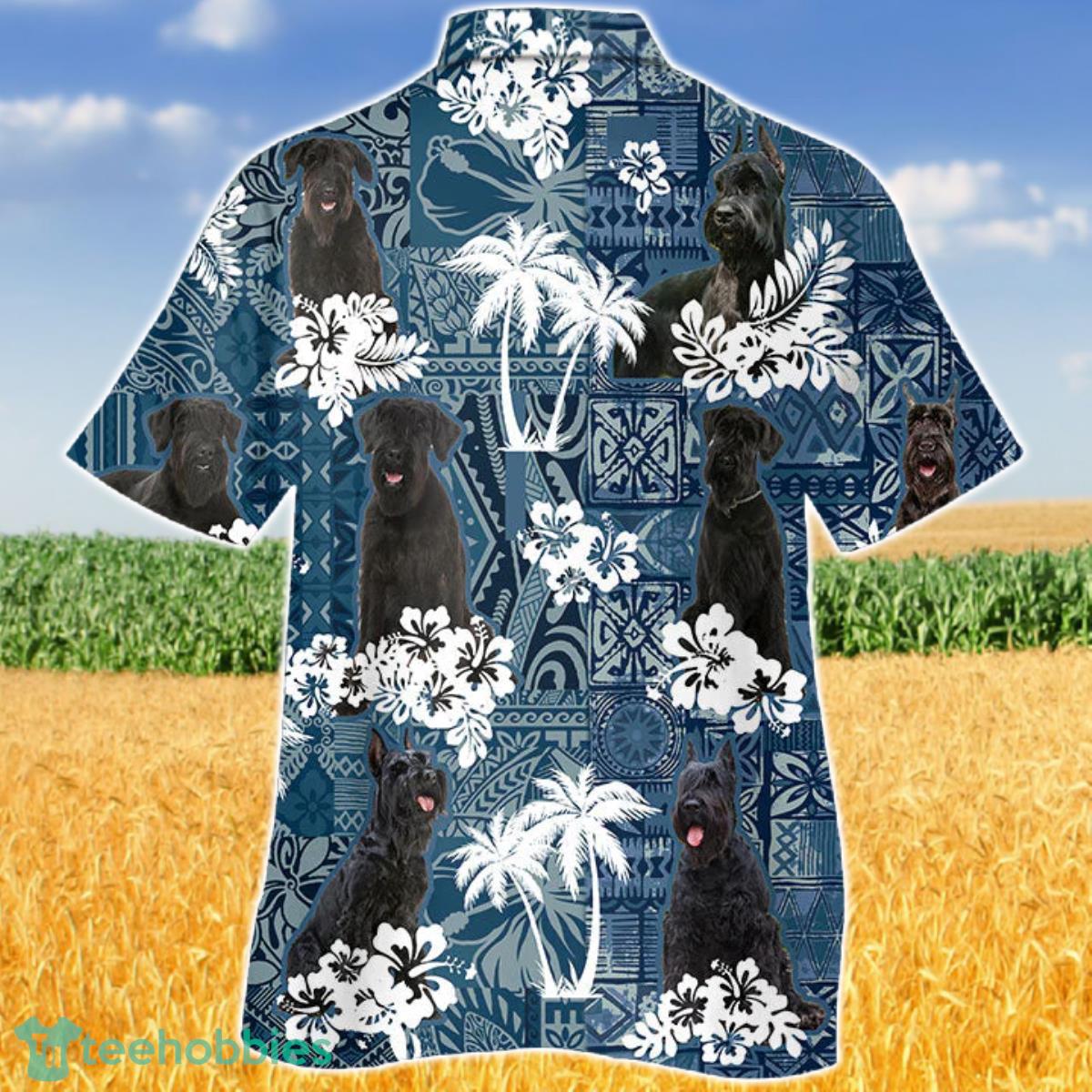 Giant Schnauzer In Tropical Plants Pattern Blue And White Hawaiian Shirt Aloha Shirt For Men Women image Giant Schnauzer In Tropical Plants Pattern Blue And White Hawaiian Shirt Aloha Shirt For Men Women Product Photo 2