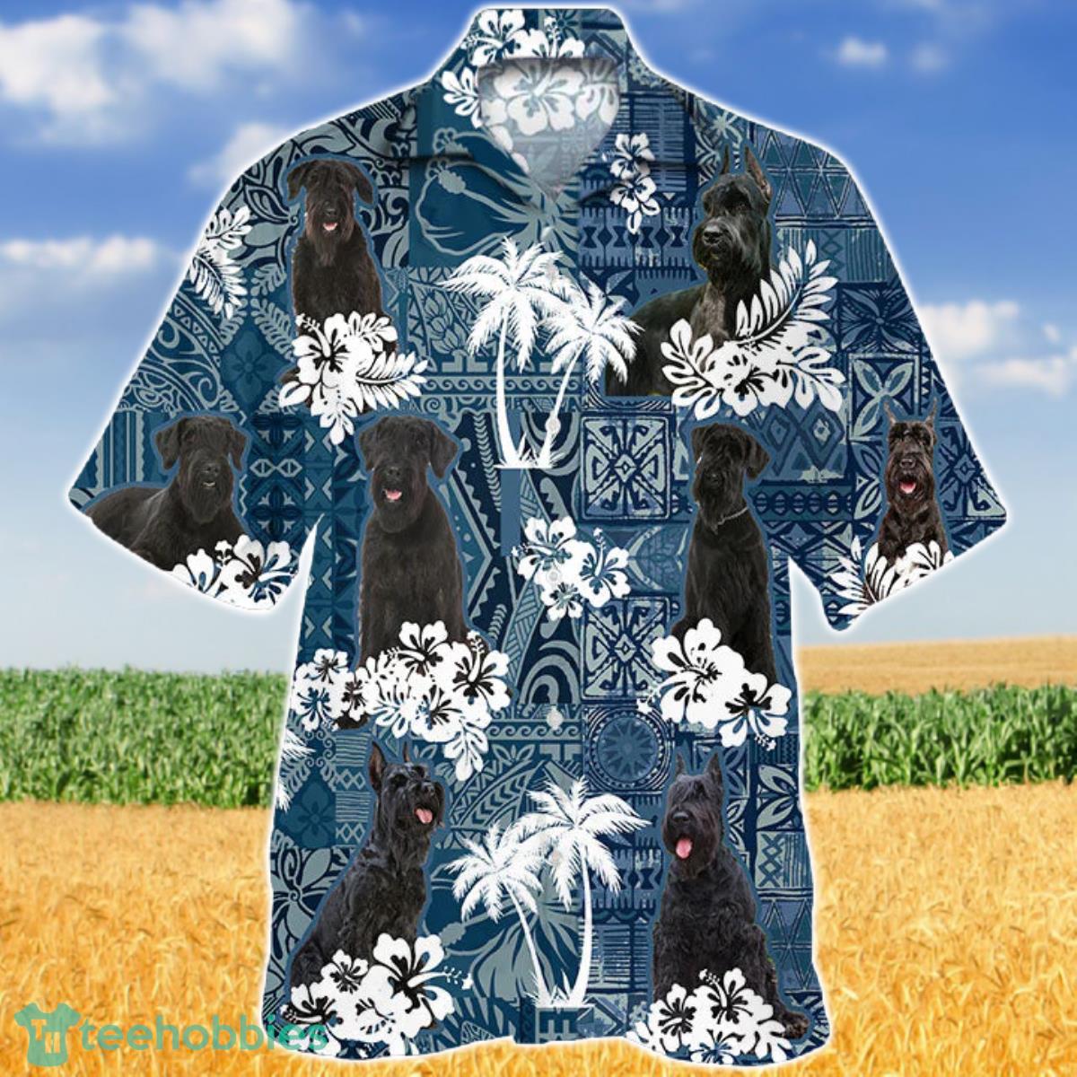 Giant Schnauzer In Tropical Plants Pattern Blue And White Hawaiian Shirt Aloha Shirt For Men Women Product Photo 1 Giant Schnauzer In Tropical Plants Pattern Blue And White Hawaiian Shirt Aloha Shirt For Men Women Product Photo 1