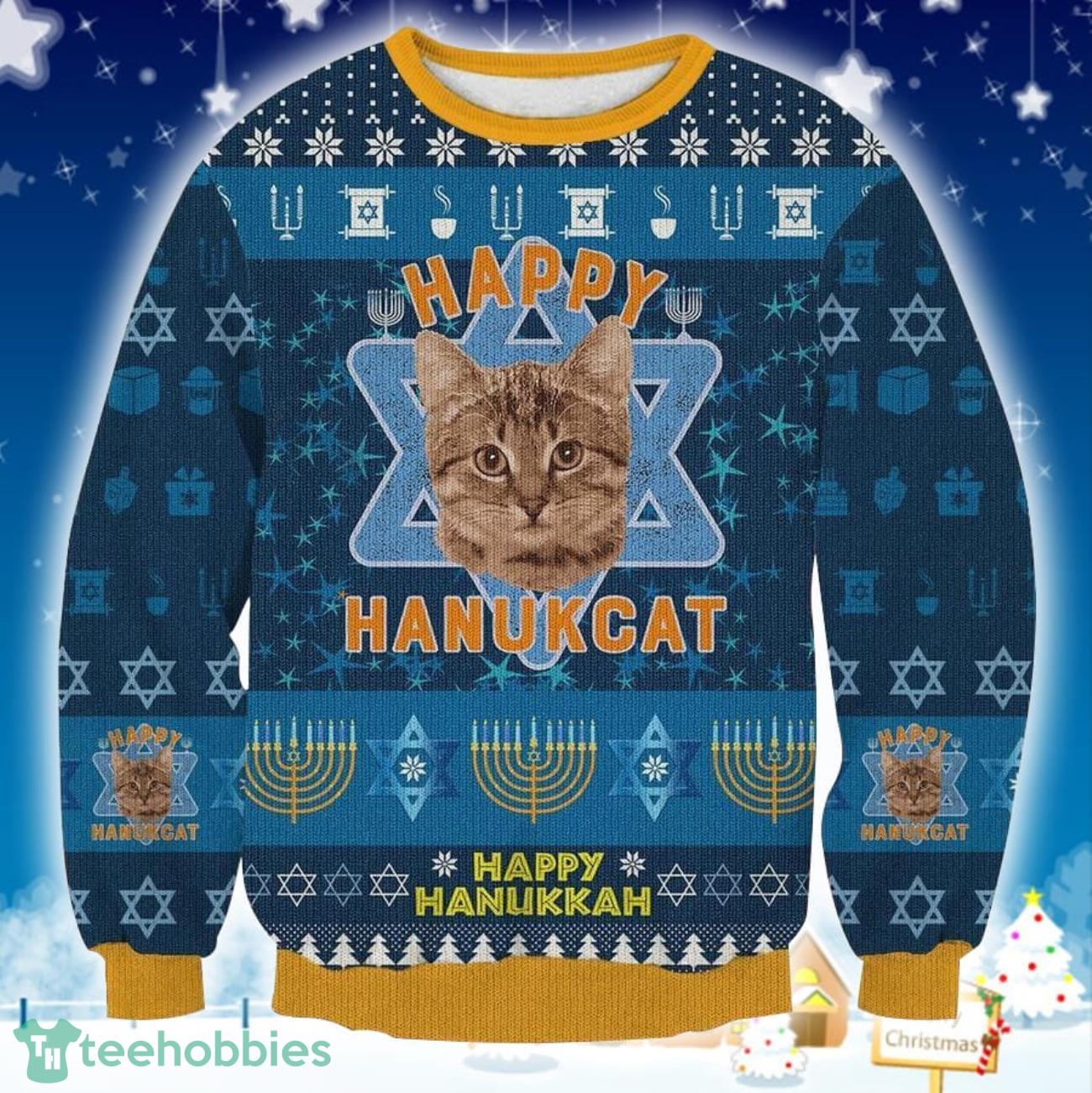 Happy Hanukcat 3D Sweater Ugly Christmas Sweater For Men Women Product Photo 1 Happy Hanukcat 3D Sweater Ugly Christmas Sweater For Men Women Product Photo 1