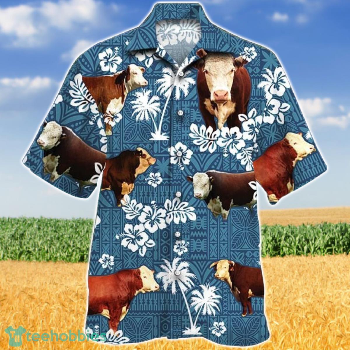 Hererford Cattle Blue Tribal Hawaiian Shirt Aloha Shirt For Men