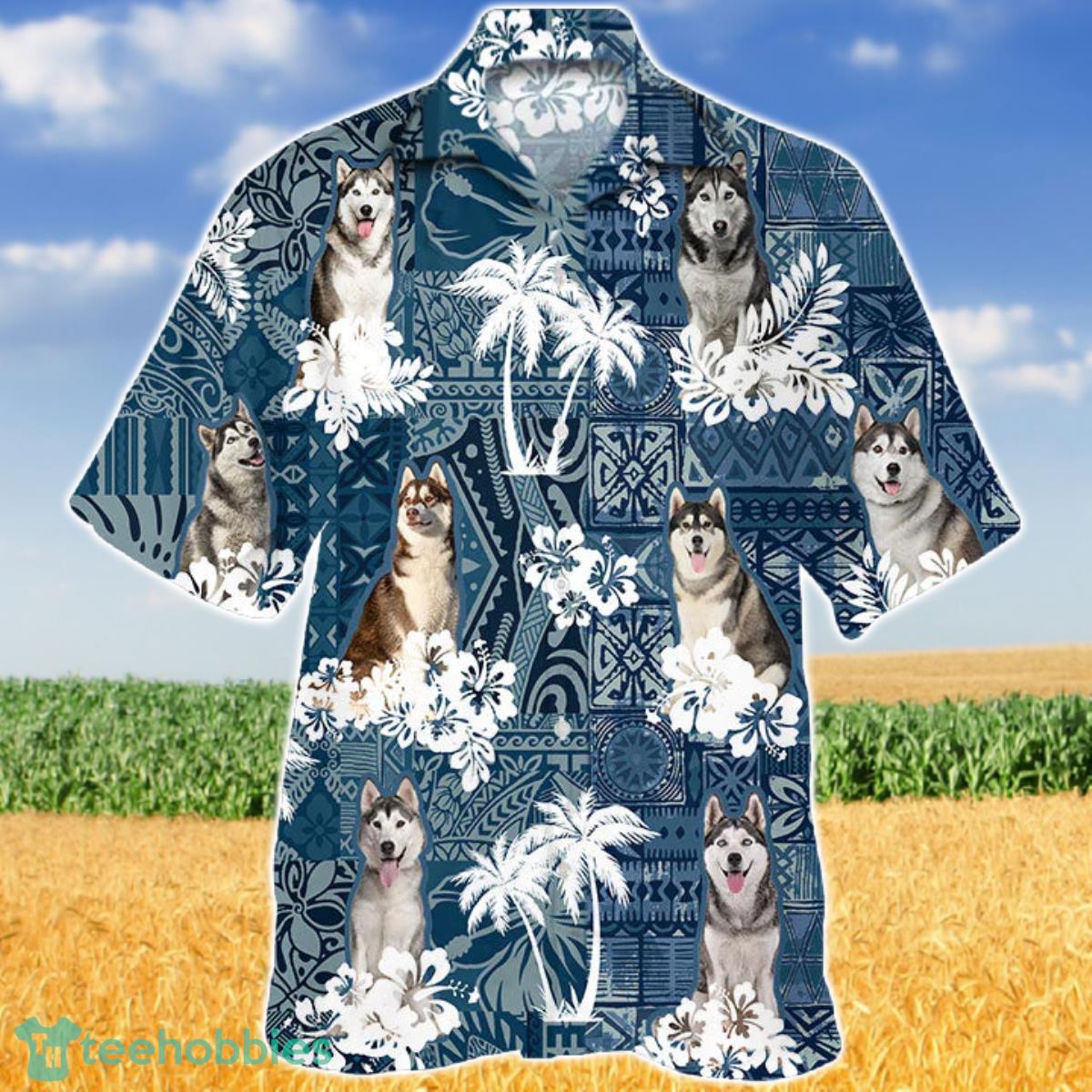 Husky In Tropical Plants Pattern Blue And White Hawaiian Shirt Aloha Shirt For Men Women Product Photo 1