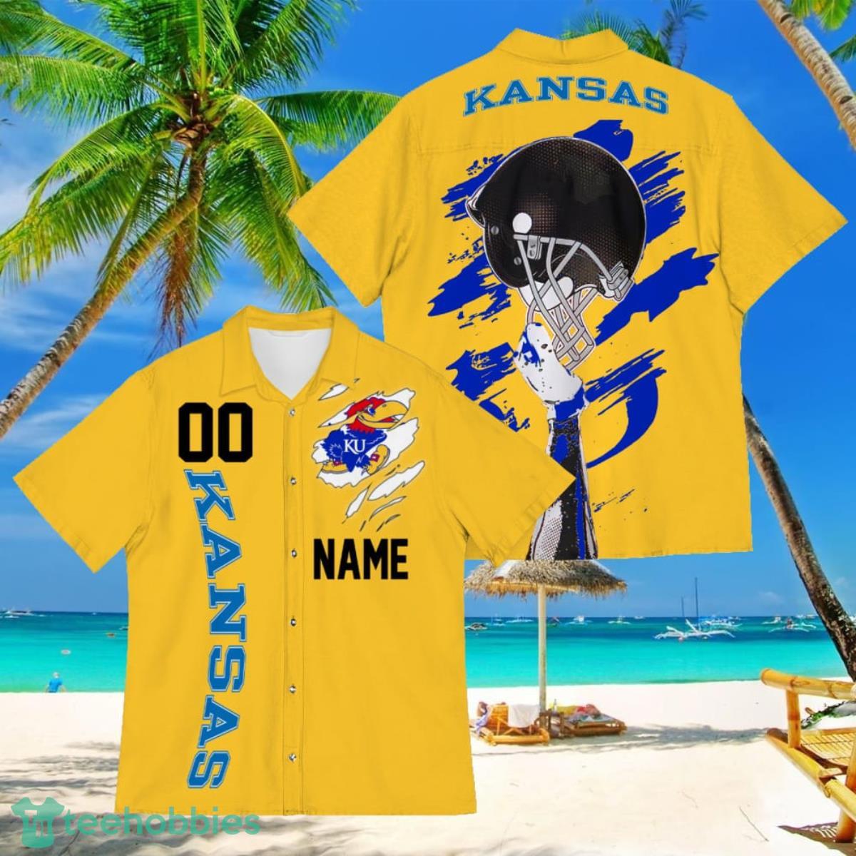 Kansas Jayhawks Sports American Football Hawaiian Shirt Custom Name & Number Product Photo 1