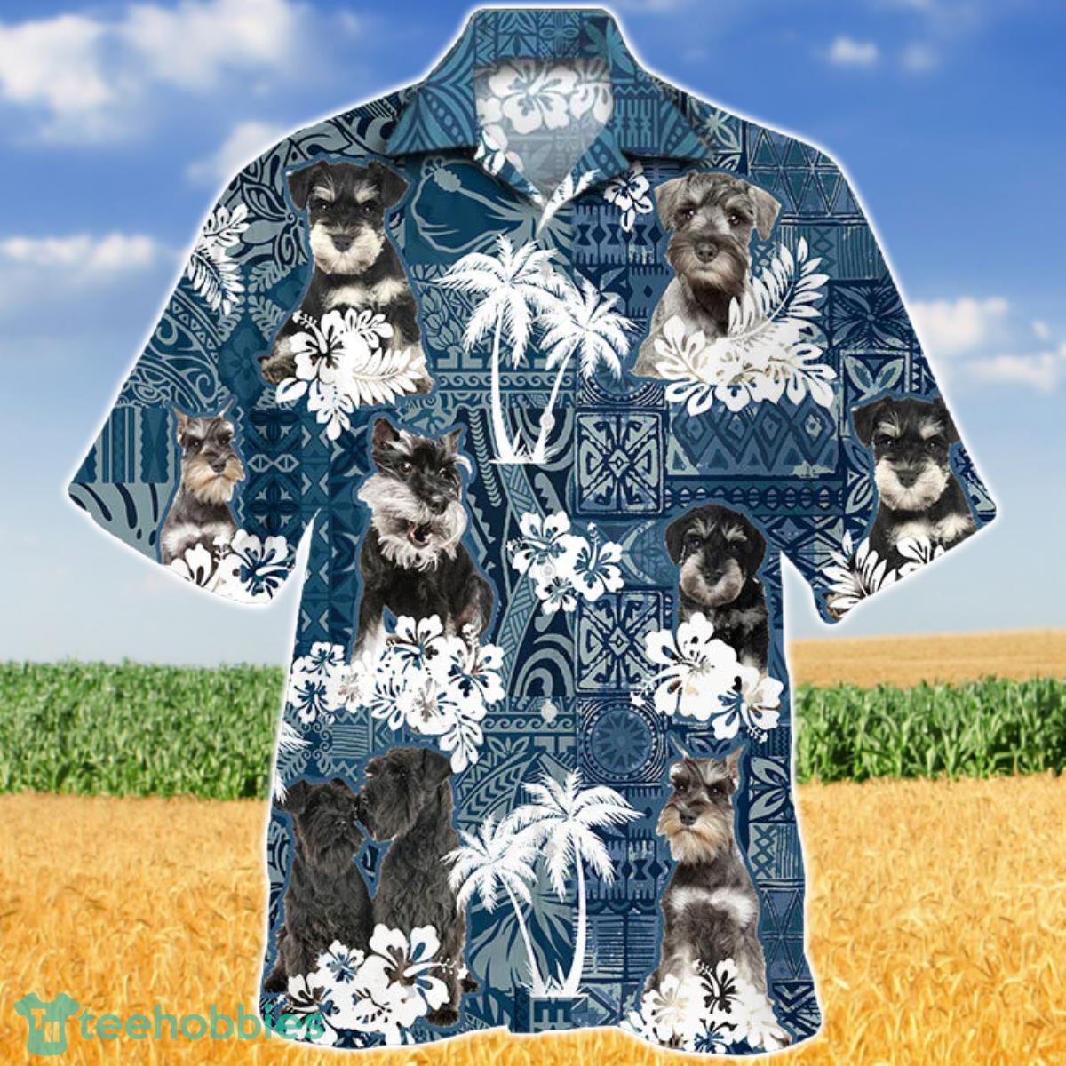 Miniature Schnauzer In Tropical Plants Pattern Blue And White Hawaiian Shirt Aloha Shirt For Men Women Product Photo 1