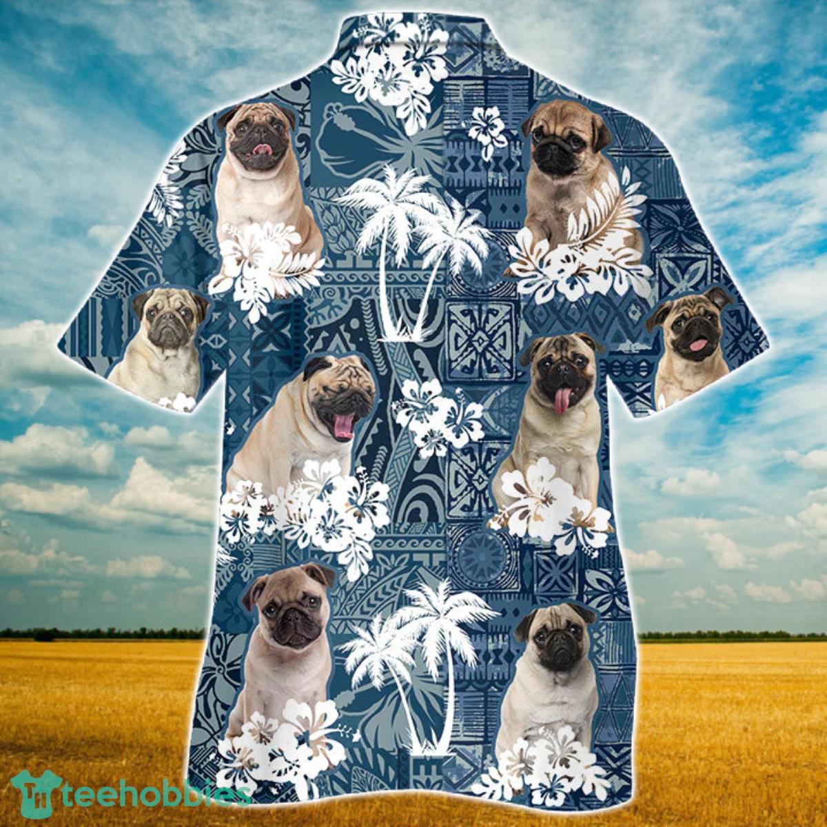 Pug Hawaiian Tropical Plants Pattern Blue And White All Over Printed 3D Hawaiian Shirt For Men Women Product Photo 2