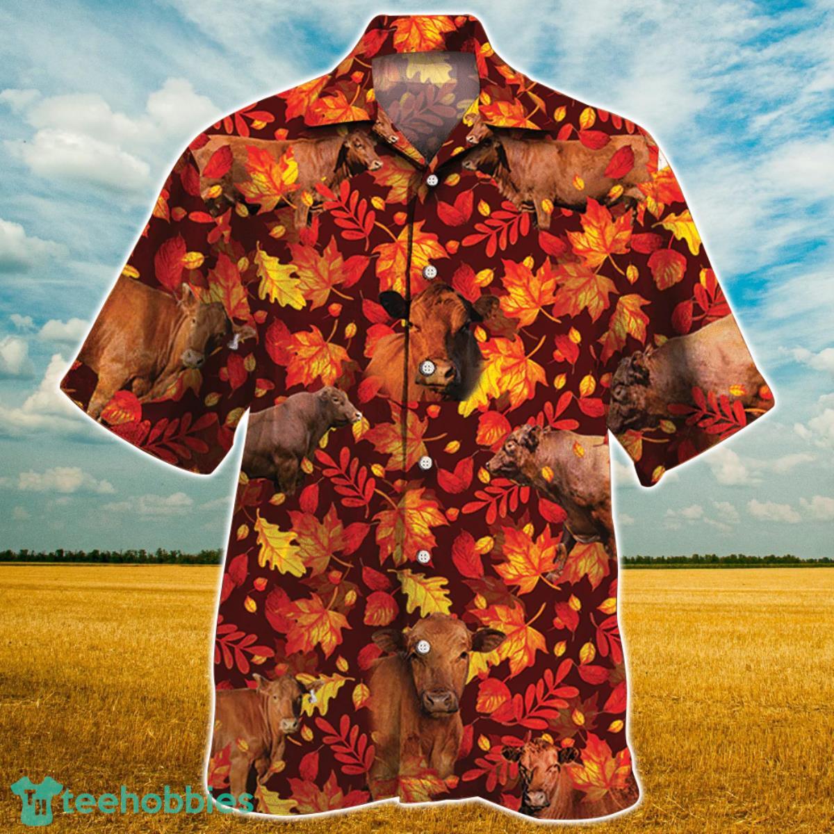 Red Angus Cattle Autumn Leaves All Over Printed 3D Hawaiian Shirt For Men Women Product Photo 1