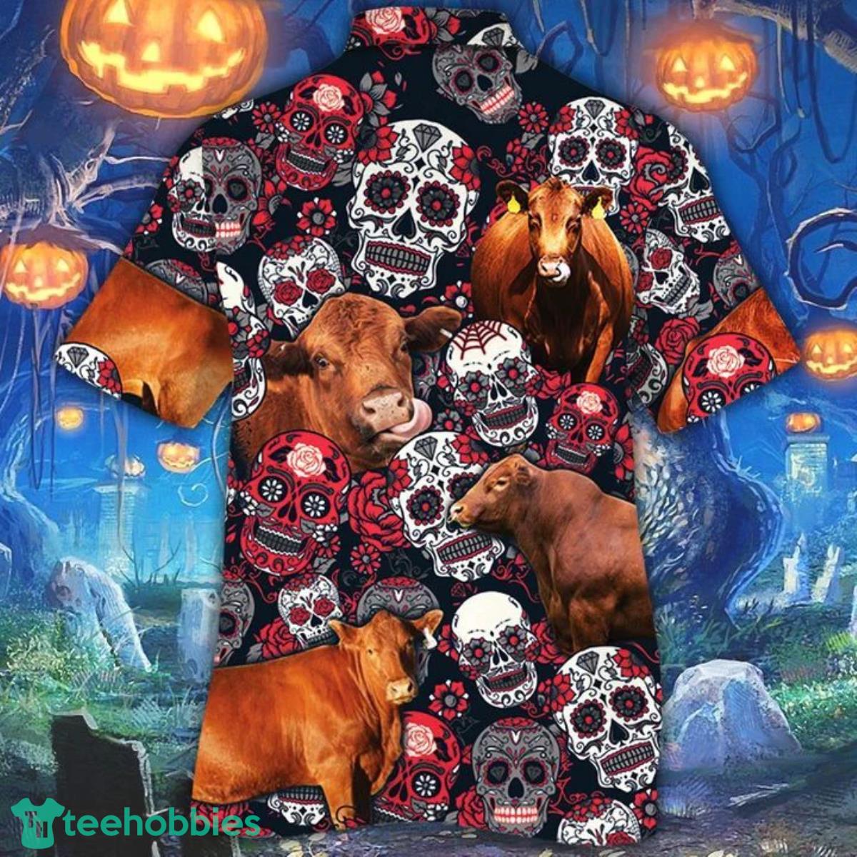 Red Angus Cattle Lovers Sugar Skull Floral Hawaiian Shirt For Men Women Product Photo 2