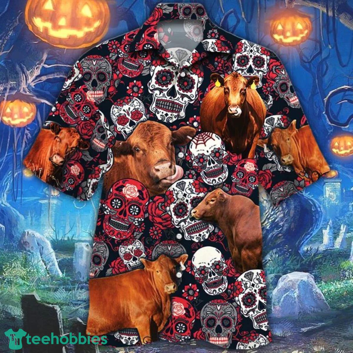 Red Angus Cattle Lovers Sugar Skull Floral Hawaiian Shirt For Men Women Product Photo 1