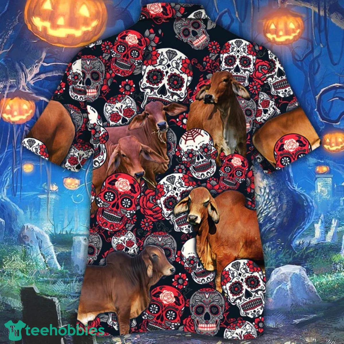 Red Brahman Cattle Lovers Sugar Skull Floral Hawaiian Shirt For Men Women Product Photo 2
