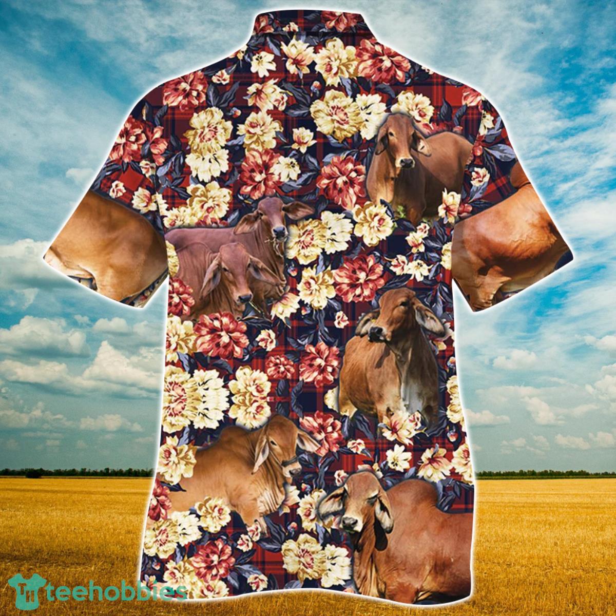 Red Brahman Cattle Red Plaid Pattern All Over Printed 3D Hawaiian Shirt For Men Women Product Photo 2