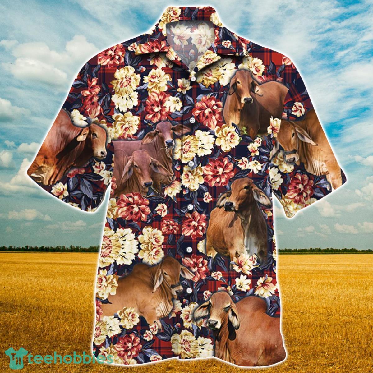 Red Brahman Cattle Red Plaid Pattern All Over Printed 3D Hawaiian Shirt For Men Women Product Photo 1