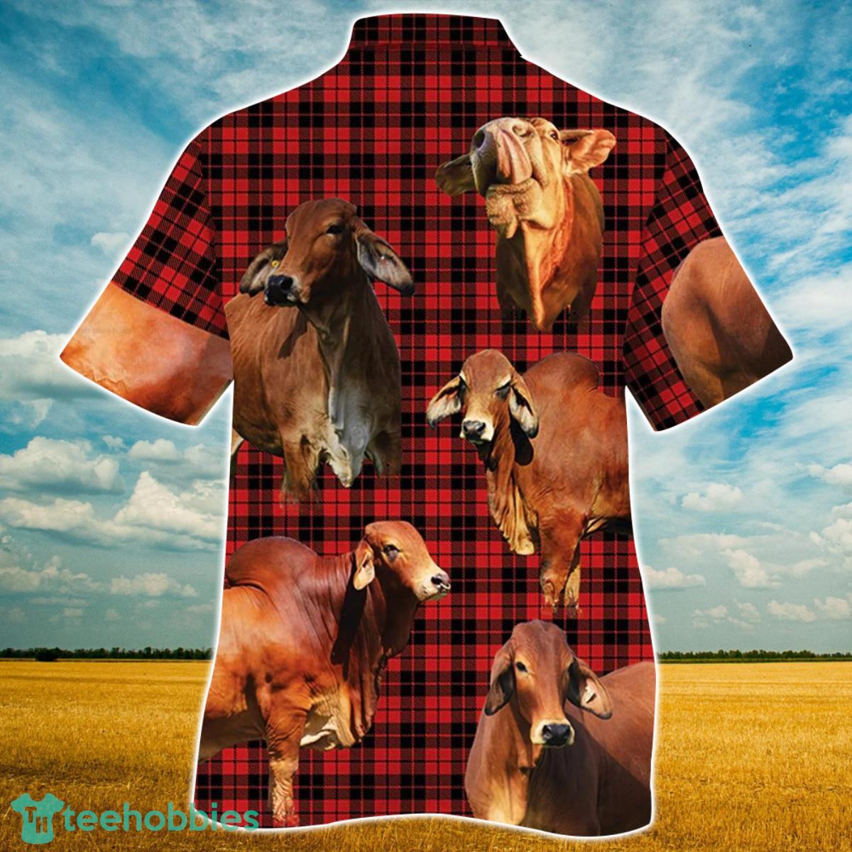 Red Brahman Cattle Red Tartan Pattern All Over Printed 3D Hawaiian Shirt For Men Women Product Photo 2