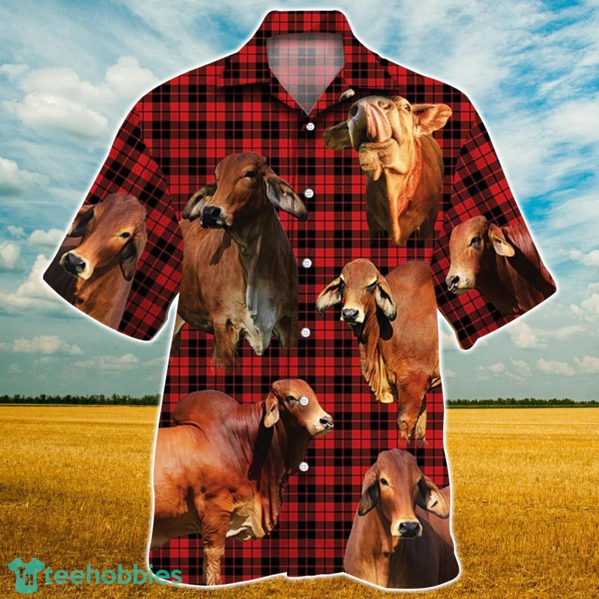 Red Brahman Cattle Red Tartan Pattern All Over Printed 3D Hawaiian Shirt For Men Women Product Photo 1