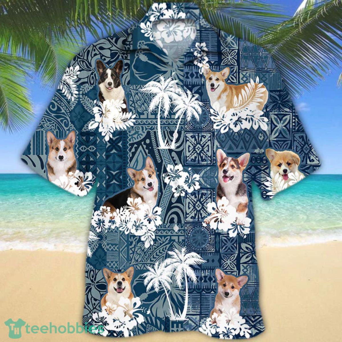 Welsh Corgi Hawaiian Tropical Plants Pattern Blue And White All Over Printed 3D Hawaiian Shirt For Men Women Product Photo 1