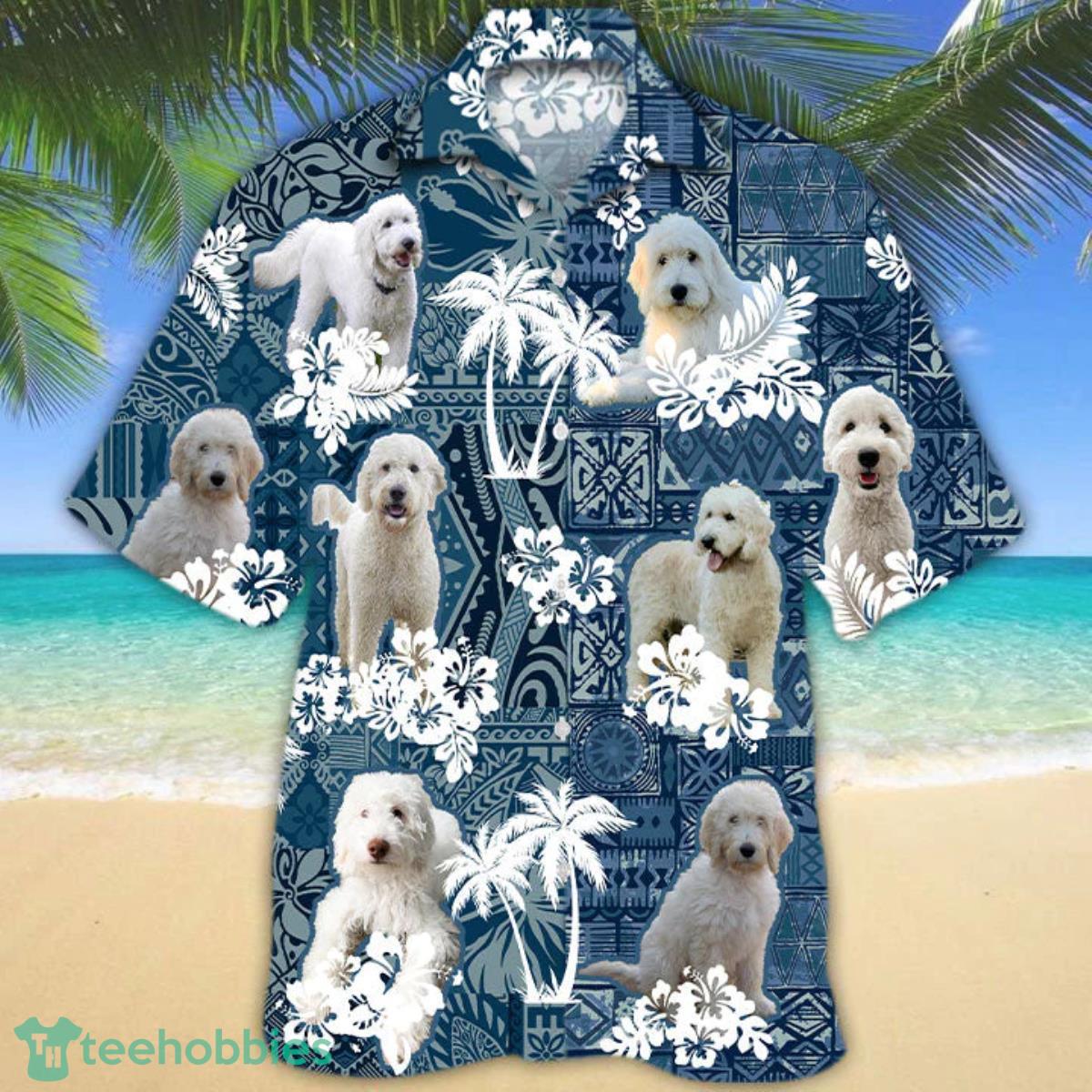 White Goldendoodle Hawaiian Tropical Plants Pattern Blue And White All Over Printed 3D Hawaiian Shirt For Men Women Product Photo 1