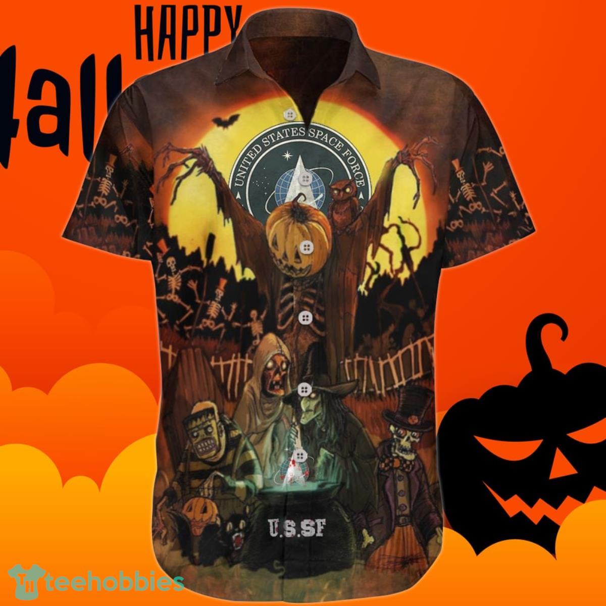 Air Force Halloween Hawaiian Shirt Skeleton Pumpkin Clothing Product Photo 1