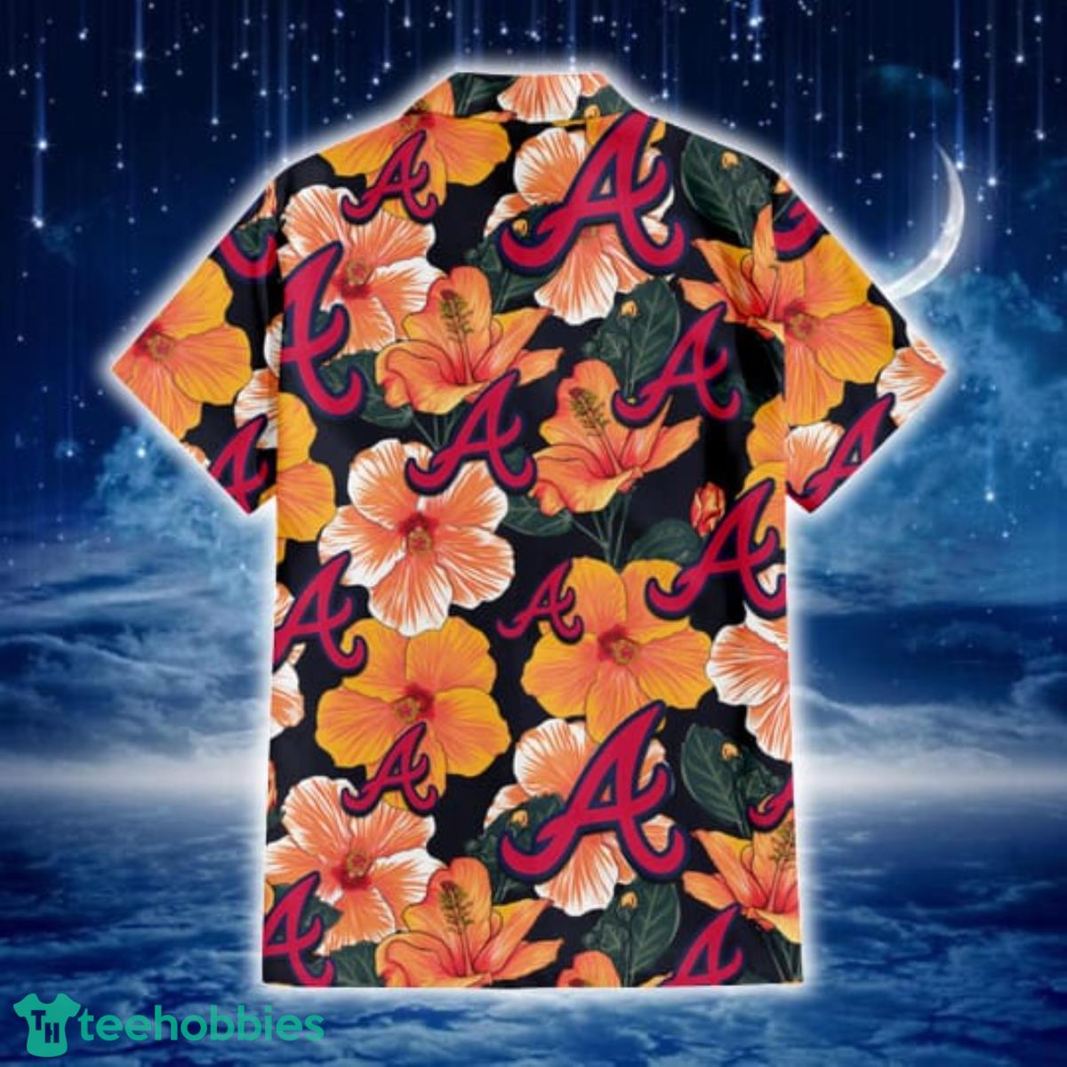 Atlanta Braves Pink Yellow Orange Hibiscus Big Tropical Leaf Black  Background 3D Hawaiian Shirt Gift For Fans