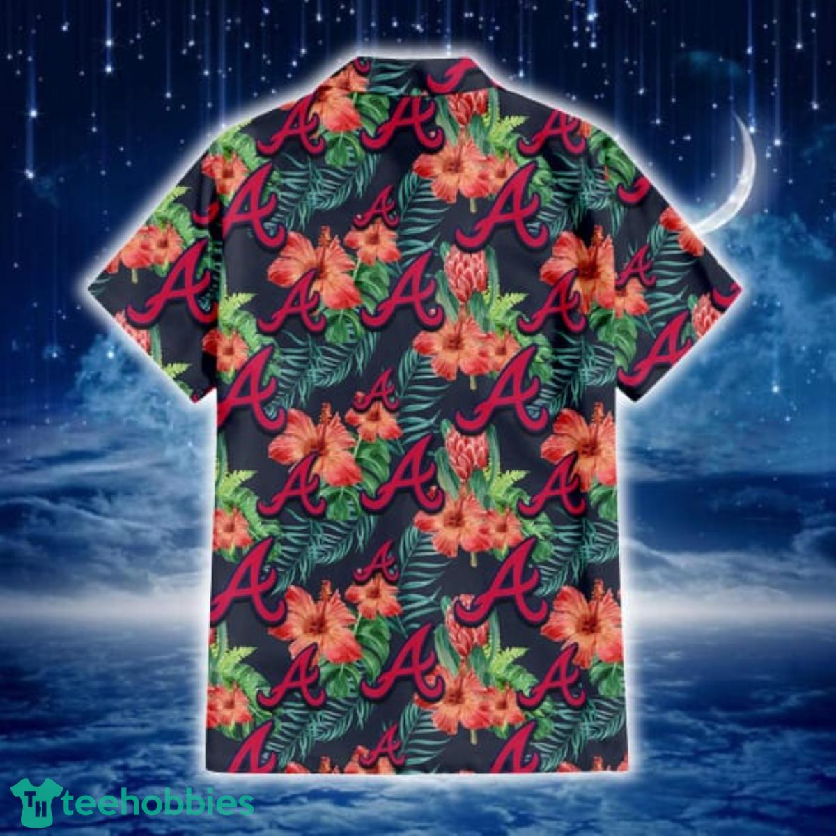 Atlanta Braves Red Hibiscus Green Leaf Dark Background 3D Hawaiian