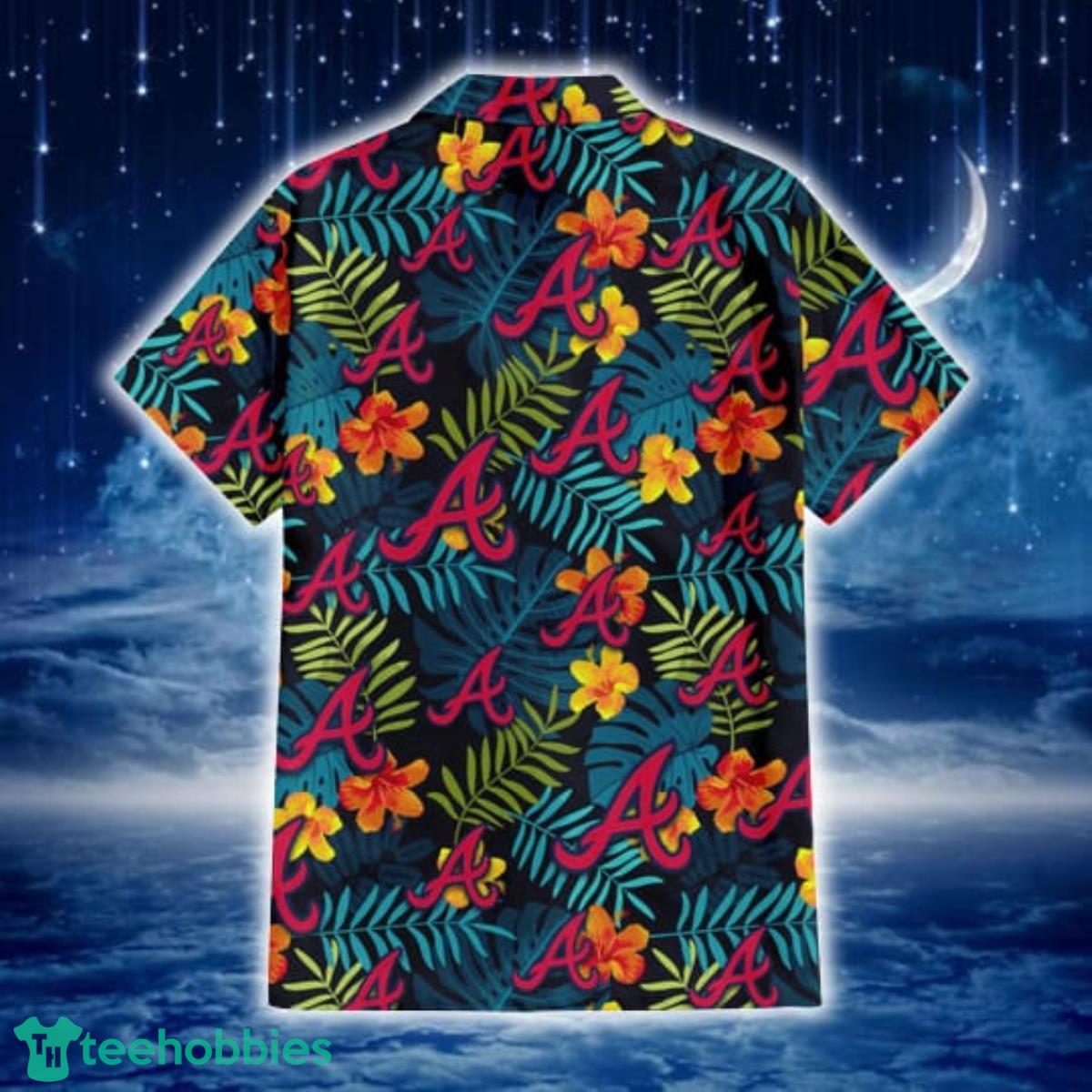 Atlanta Braves Yellow Hibiscus Tropical Green Leaf Black Background 3D  Hawaiian Shirt Gift For Fans - Freedomdesign