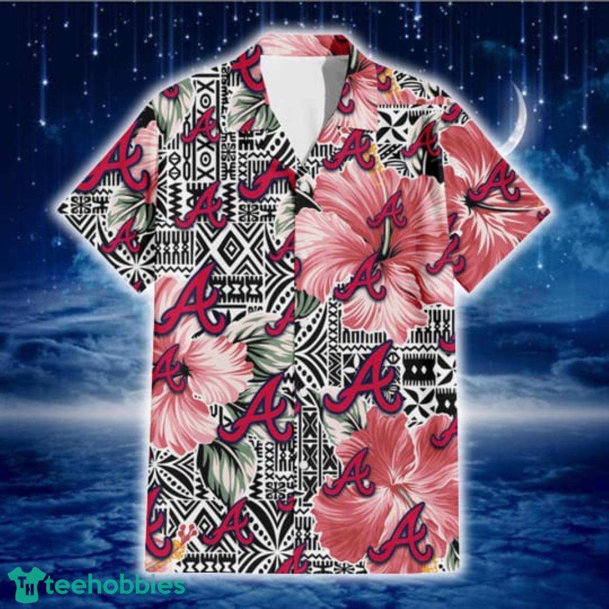 Atlanta Braves Pink Blue Hibiscus White Background 3D Hawaiian Shirt Gift  For Fans