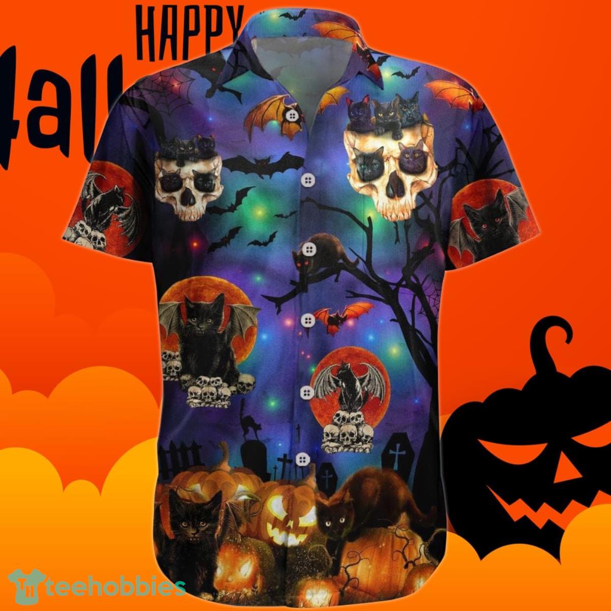 Black Cat Skull Halloween Hawaiian Shirt Pumpkin Halloween Apparel Gift For Him Product Photo 1