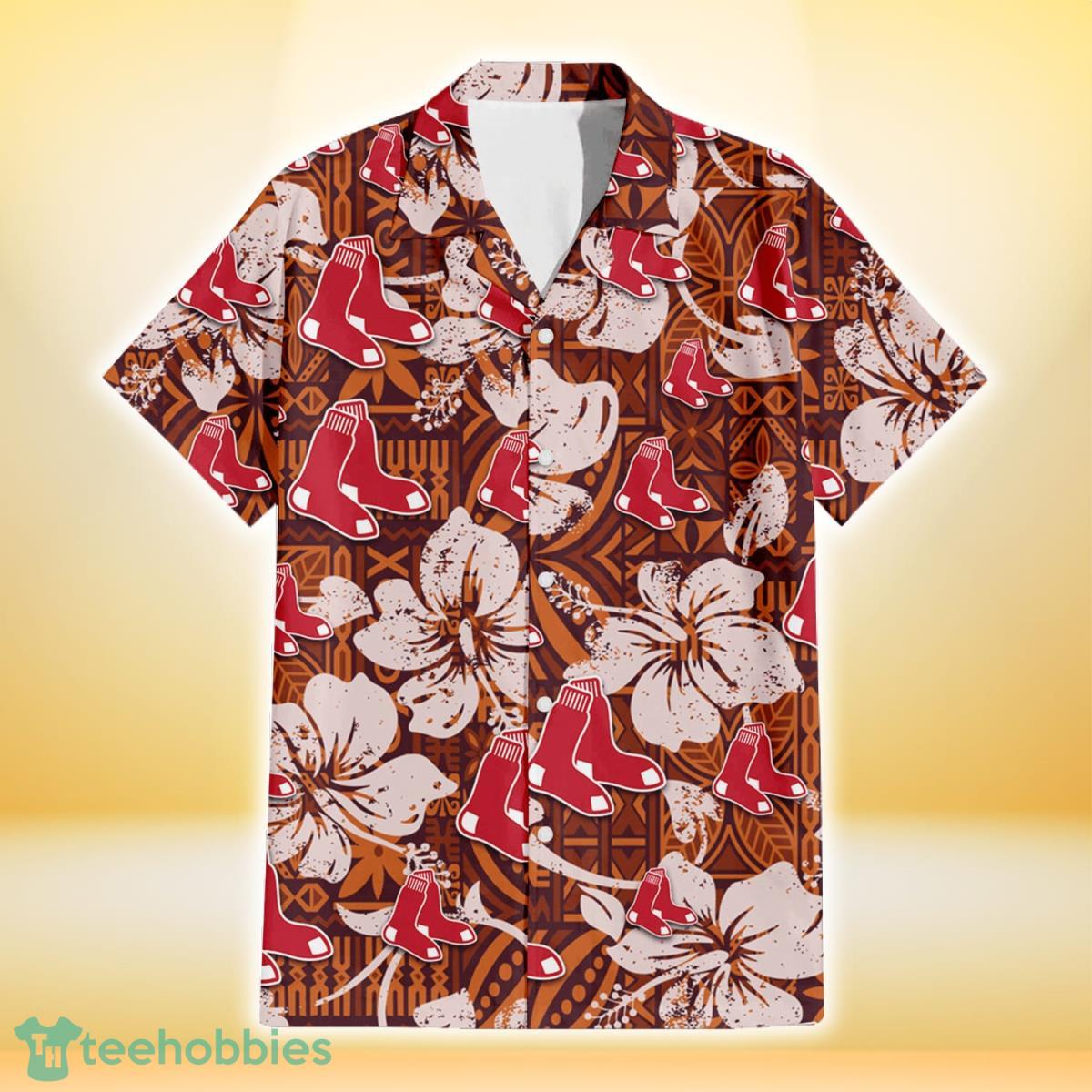 Boston Red Sox Bisque Hibiscus Brown Pattern 3D Hawaiian Shirt Gift For Fans Gift For Fans Product Photo 2
