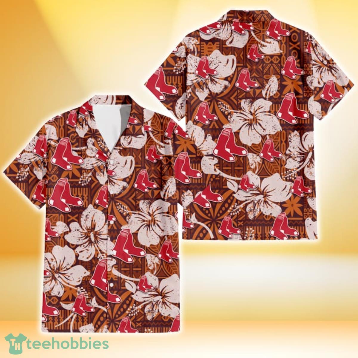 Boston Red Sox Bisque Hibiscus Brown Pattern 3D Hawaiian Shirt Gift For Fans Gift For Fans Product Photo 1