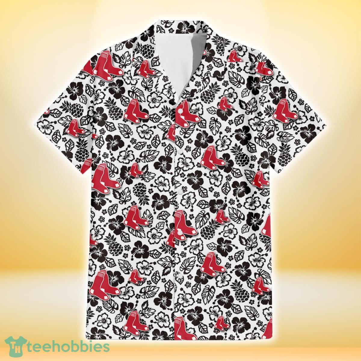 Boston Red Sox Black And White Hibiscus Leaf White Background 3D Hawaiian Shirt Gift For Fans Gift For Fans Product Photo 2
