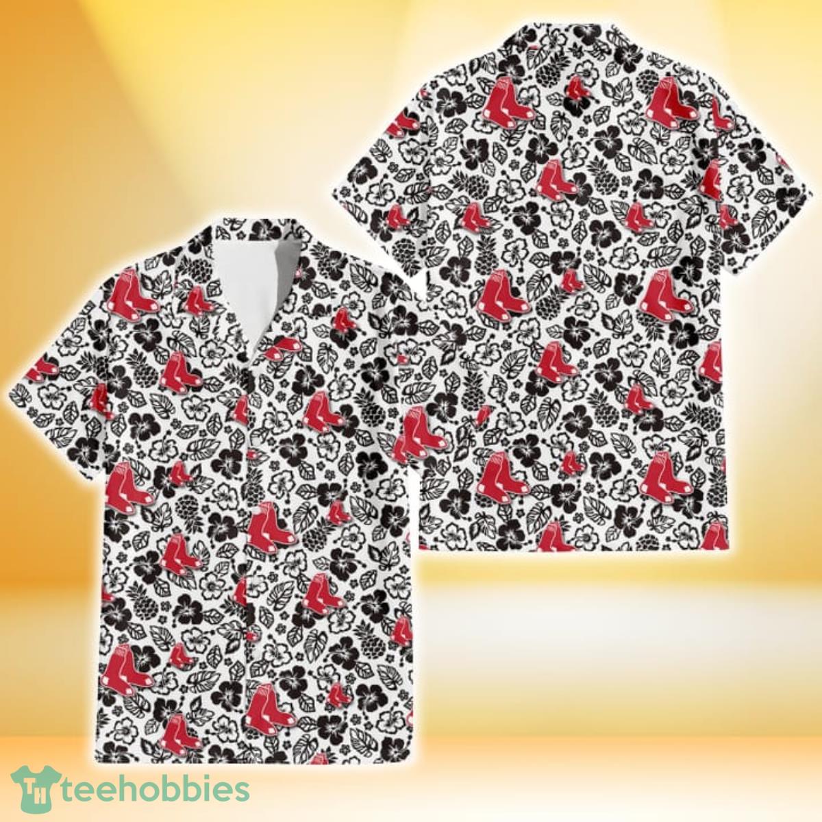 Boston Red Sox Black And White Hibiscus Leaf White Background 3D Hawaiian Shirt Gift For Fans Gift For Fans Product Photo 1