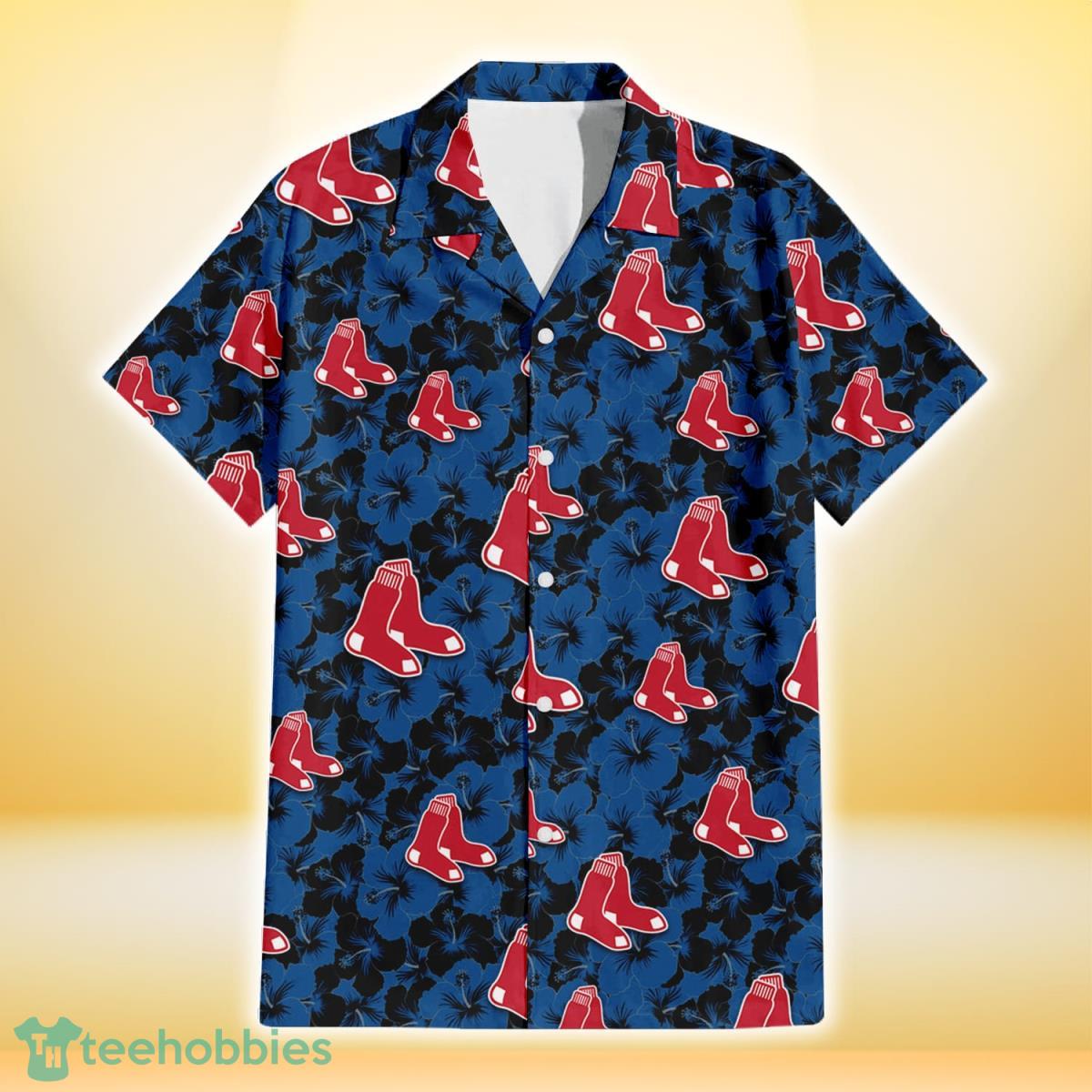 Boston Red Sox Black Dark Blue Hibiscus Black Background 3D Hawaiian Shirt Gift For Fans Gift For Fans Product Photo 2