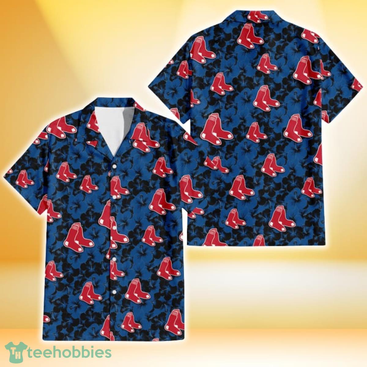 Boston Red Sox Black Dark Blue Hibiscus Black Background 3D Hawaiian Shirt Gift For Fans Gift For Fans Product Photo 1