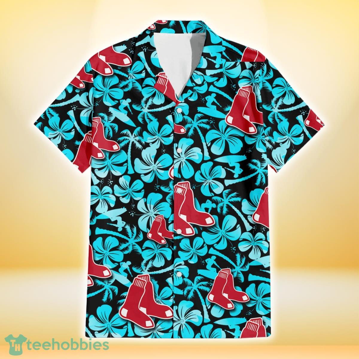Boston Red Sox Blue Hibiscus Blue Coconut Tree Black Background 3D Hawaiian Shirt Gift For Fans Gift For Fans Product Photo 2
