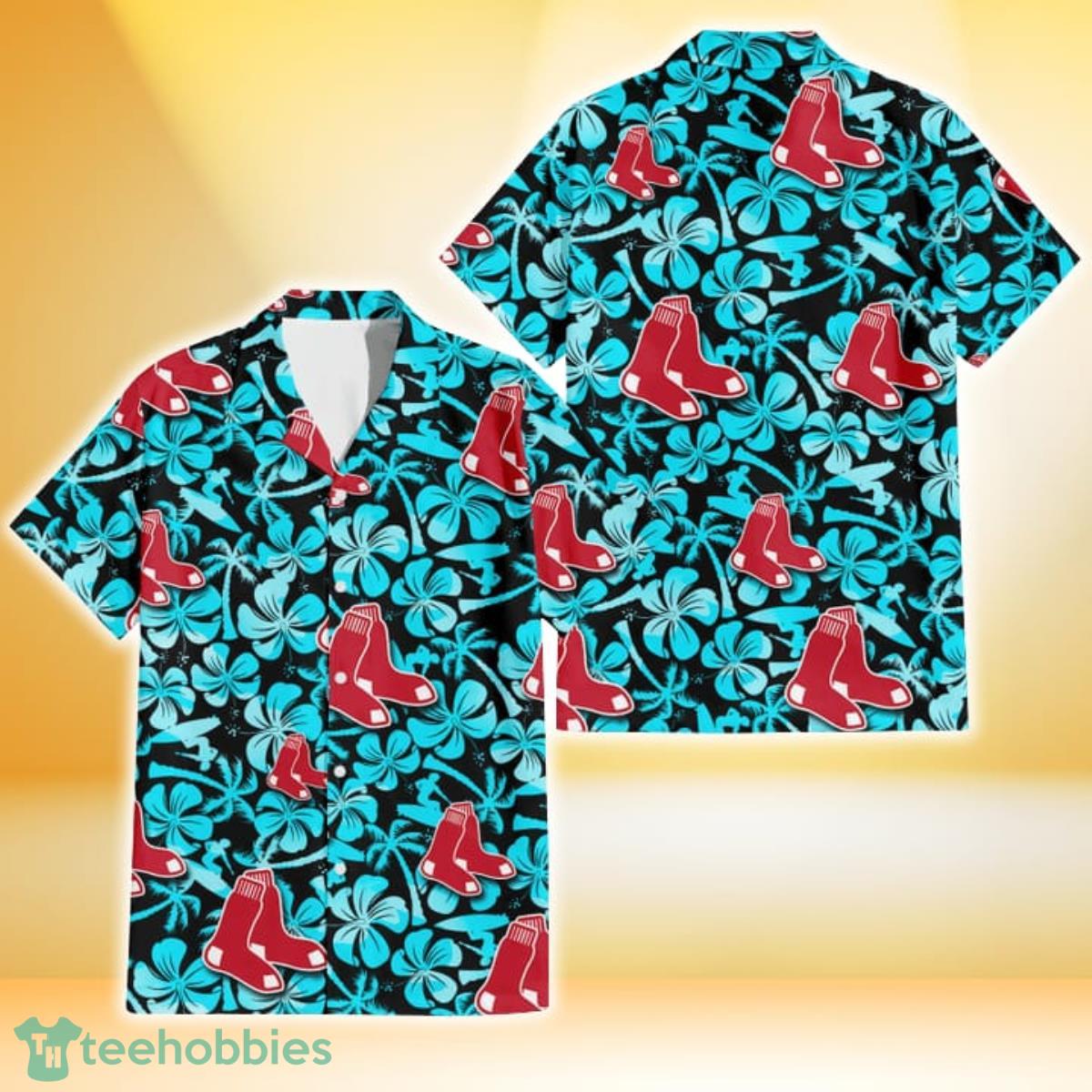 Boston Red Sox Blue Hibiscus Blue Coconut Tree Black Background 3D Hawaiian Shirt Gift For Fans Gift For Fans Product Photo 1