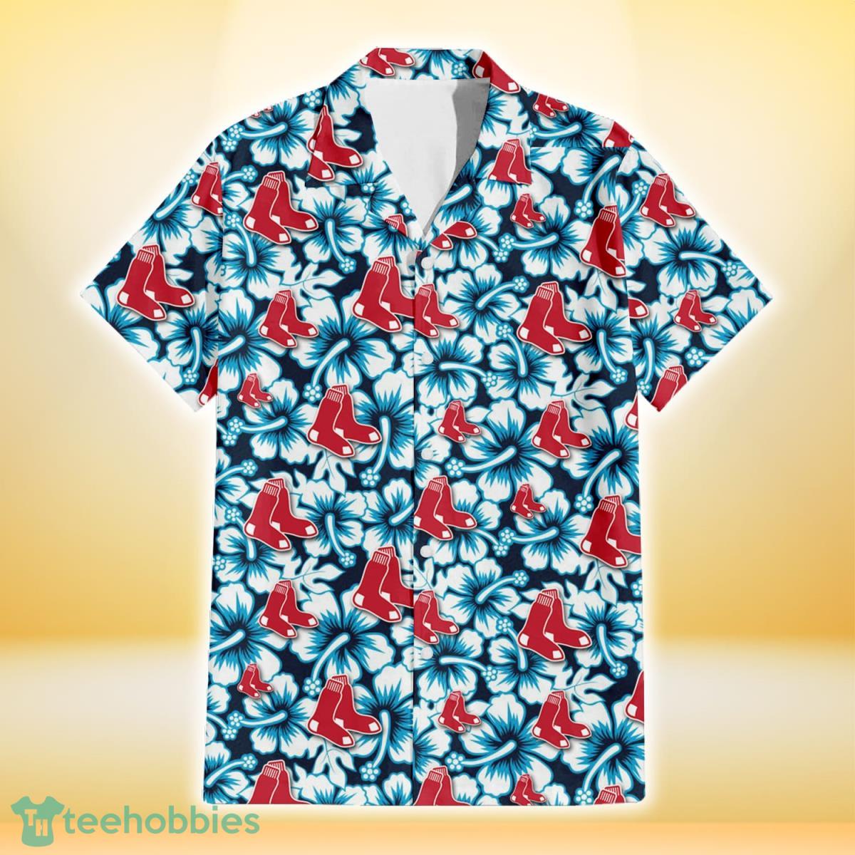 Boston Red Sox Blue Line White Hibiscus Black Background 3D Hawaiian Shirt Gift For Fans Gift For Fans Product Photo 2