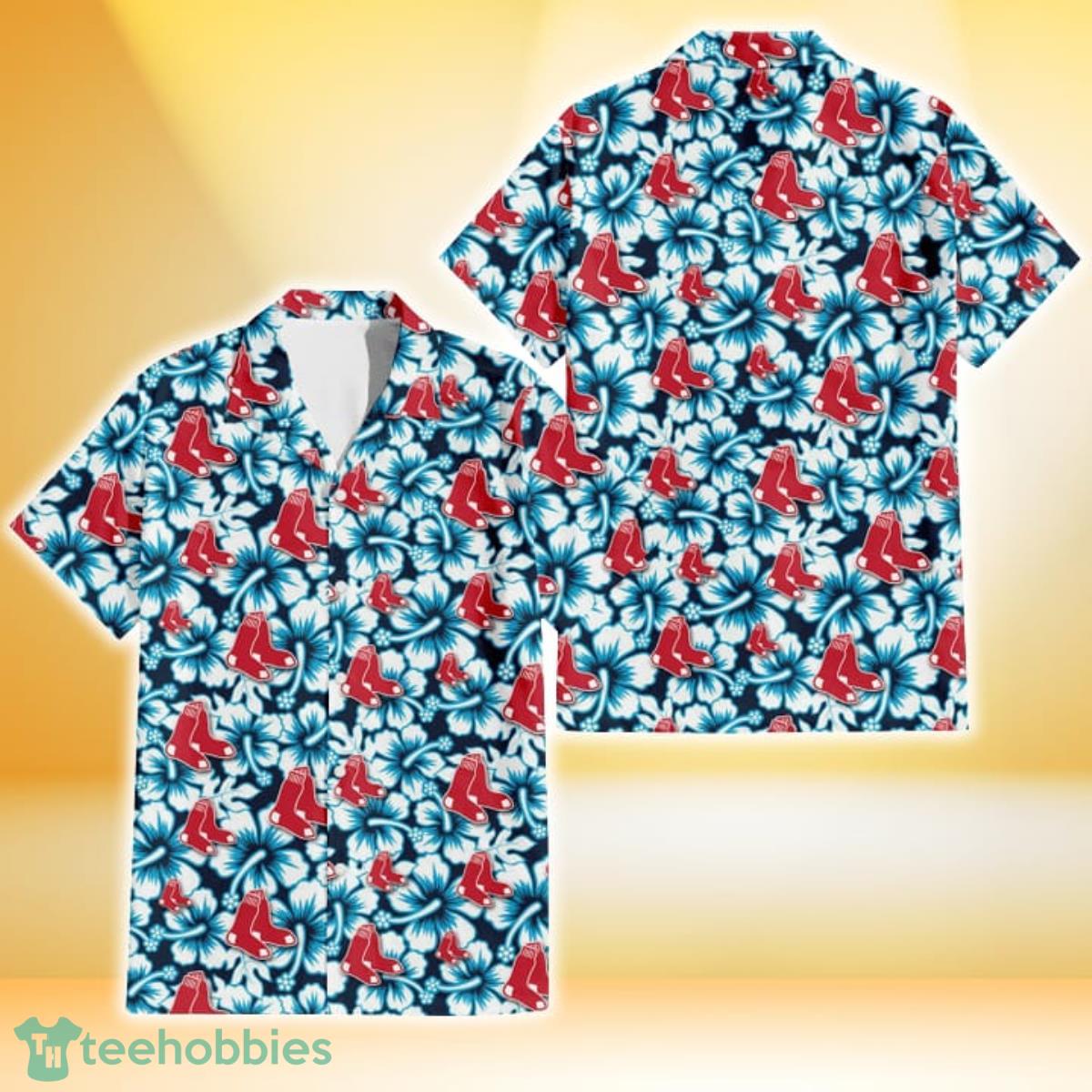 Boston Red Sox Blue Line White Hibiscus Black Background 3D Hawaiian Shirt Gift For Fans Gift For Fans Product Photo 1