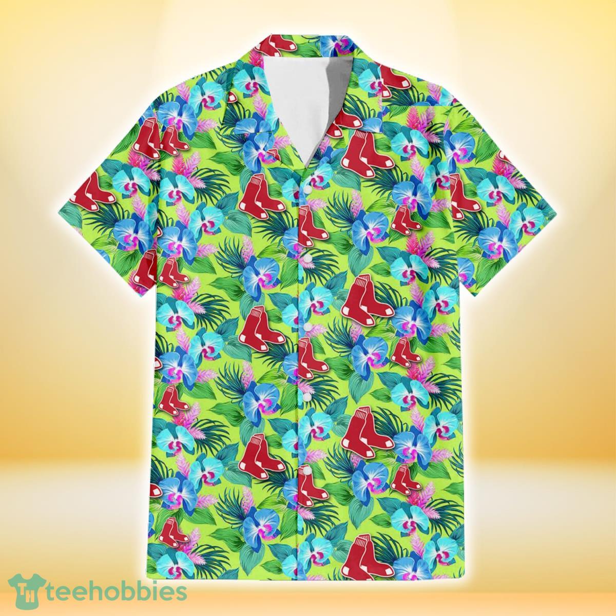 Boston Red Sox Blue Orchid Green Pink Leaf Green Background 3D Hawaiian Shirt Gift For Fans Gift For Fans Product Photo 2