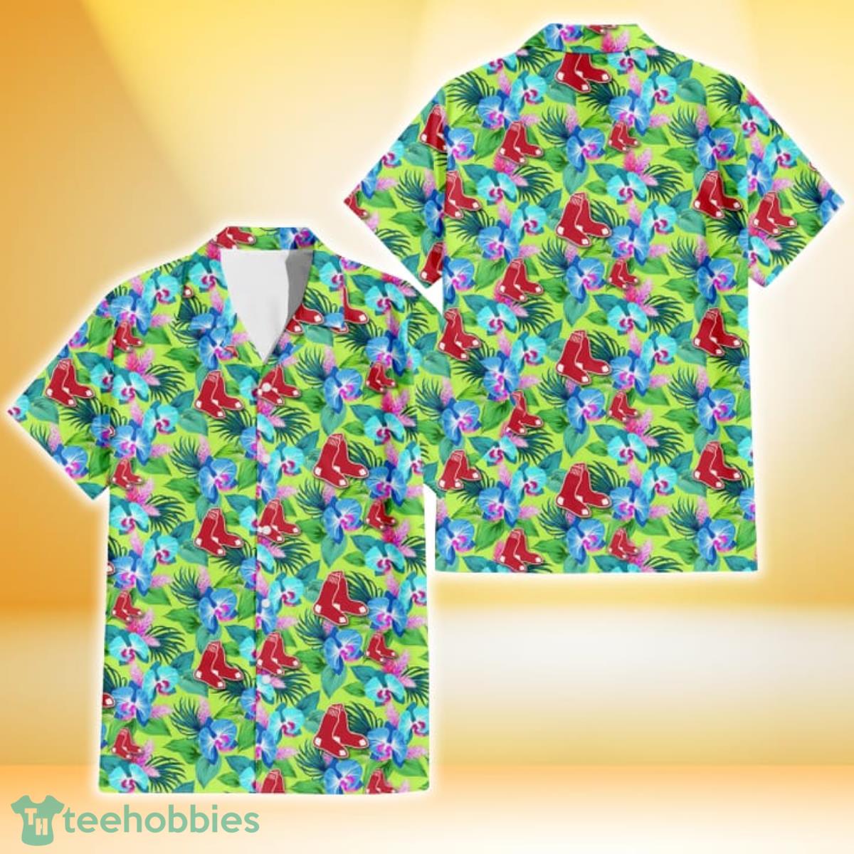 Boston Red Sox Blue Orchid Green Pink Leaf Green Background 3D Hawaiian Shirt Gift For Fans Gift For Fans Product Photo 1